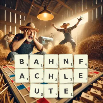Kreative Illustration für ein Scrabble-Spiel, bei dem das Wort BAHNFACHLEUTE mit Steinen auf dem Brett gelegt wurde.