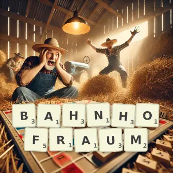 Kreative Illustration für ein Scrabble-Spiel, bei dem das Wort BAHNHOFRAUM mit Steinen auf dem Brett gelegt wurde.