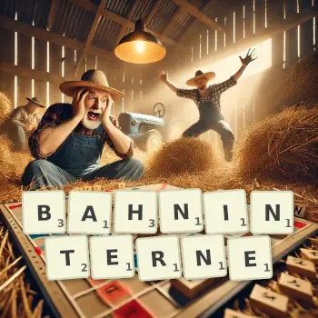 Kreative Illustration für ein Scrabble-Spiel, bei dem das Wort BAHNINTERNE mit Steinen auf dem Brett gelegt wurde.