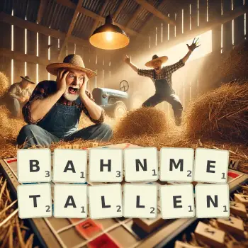 Kreative Illustration für ein Scrabble-Spiel, bei dem das Wort BAHNMETALLEN mit Steinen auf dem Brett gelegt wurde.