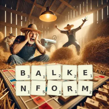 Kreative Illustration für ein Scrabble-Spiel, bei dem das Wort BALKENFORM mit Steinen auf dem Brett gelegt wurde.