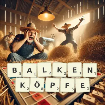 Kreative Illustration für ein Scrabble-Spiel, bei dem das Wort BALKENKÖPFE mit Steinen auf dem Brett gelegt wurde.