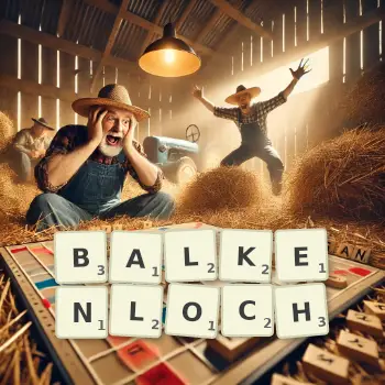 Kreative Illustration für ein Scrabble-Spiel, bei dem das Wort BALKENLOCH mit Steinen auf dem Brett gelegt wurde.