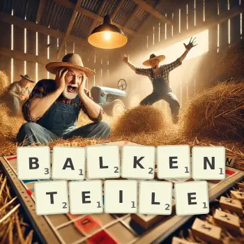 Kreative Illustration für ein Scrabble-Spiel, bei dem das Wort BALKENTEILE mit Steinen auf dem Brett gelegt wurde.