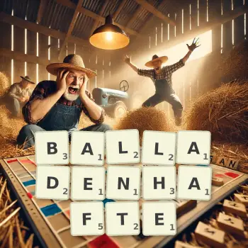 Kreative Illustration für ein Scrabble-Spiel, bei dem das Wort BALLADENHAFTE mit Steinen auf dem Brett gelegt wurde.