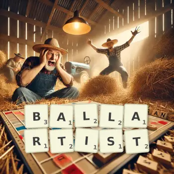 Kreative Illustration für ein Scrabble-Spiel, bei dem das Wort BALLARTIST mit Steinen auf dem Brett gelegt wurde.