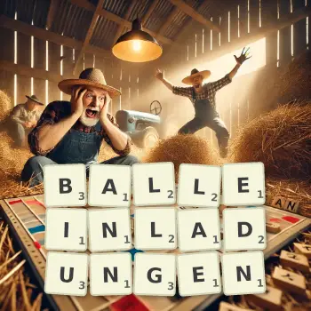 Kreative Illustration für ein Scrabble-Spiel, bei dem das Wort BALLEINLADUNGEN mit Steinen auf dem Brett gelegt wurde.