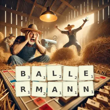 Kreative Illustration für ein Scrabble-Spiel, bei dem das Wort BALLERMANN mit Steinen auf dem Brett gelegt wurde.