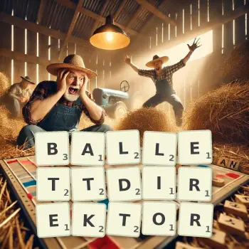 Kreative Illustration für ein Scrabble-Spiel, bei dem das Wort BALLETTDIREKTOR mit Steinen auf dem Brett gelegt wurde.