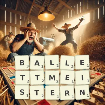 Kreative Illustration für ein Scrabble-Spiel, bei dem das Wort BALLETTMEISTERN mit Steinen auf dem Brett gelegt wurde.