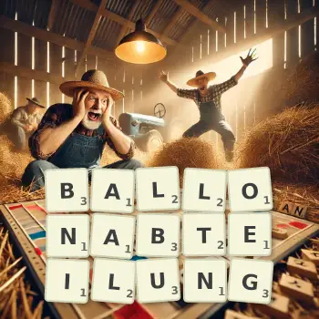 Kreative Illustration für ein Scrabble-Spiel, bei dem das Wort BALLONABTEILUNG mit Steinen auf dem Brett gelegt wurde.