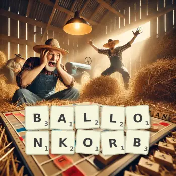 Kreative Illustration für ein Scrabble-Spiel, bei dem das Wort BALLONKORB mit Steinen auf dem Brett gelegt wurde.