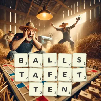 Kreative Illustration für ein Scrabble-Spiel, bei dem das Wort BALLSTAFETTEN mit Steinen auf dem Brett gelegt wurde.
