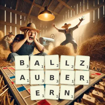 Kreative Illustration für ein Scrabble-Spiel, bei dem das Wort BALLZAUBERERN mit Steinen auf dem Brett gelegt wurde.