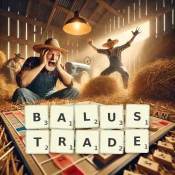 Kreative Illustration für ein Scrabble-Spiel, bei dem das Wort BALUSTRADE mit Steinen auf dem Brett gelegt wurde.