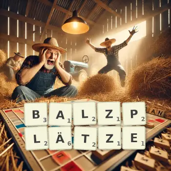 Kreative Illustration für ein Scrabble-Spiel, bei dem das Wort BALZPLÄTZE mit Steinen auf dem Brett gelegt wurde.