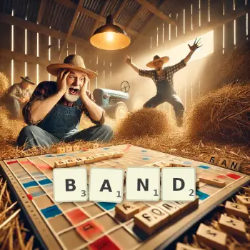 Kreative Illustration für ein Scrabble-Spiel, bei dem das Wort BAND mit Steinen auf dem Brett gelegt wurde.
