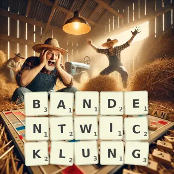 Kreative Illustration für ein Scrabble-Spiel, bei dem das Wort BANDENTWICKLUNG mit Steinen auf dem Brett gelegt wurde.