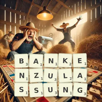 Kreative Illustration für ein Scrabble-Spiel, bei dem das Wort BANKENZULASSUNG mit Steinen auf dem Brett gelegt wurde.