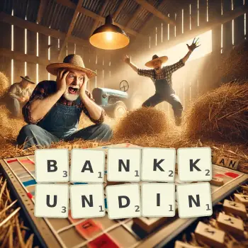Kreative Illustration für ein Scrabble-Spiel, bei dem das Wort BANKKUNDIN mit Steinen auf dem Brett gelegt wurde.