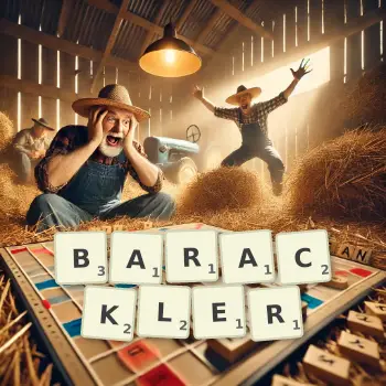 Kreative Illustration für ein Scrabble-Spiel, bei dem das Wort BARACKLER mit Steinen auf dem Brett gelegt wurde.