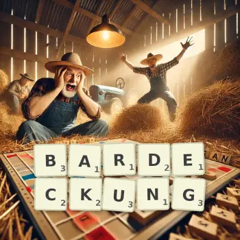 Kreative Illustration für ein Scrabble-Spiel, bei dem das Wort BARDECKUNG mit Steinen auf dem Brett gelegt wurde.