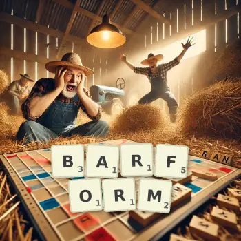 Kreative Illustration für ein Scrabble-Spiel, bei dem das Wort BARFORM mit Steinen auf dem Brett gelegt wurde.