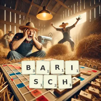Kreative Illustration für ein Scrabble-Spiel, bei dem das Wort BARISCH mit Steinen auf dem Brett gelegt wurde.