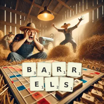 Kreative Illustration für ein Scrabble-Spiel, bei dem das Wort BARRELS mit Steinen auf dem Brett gelegt wurde.