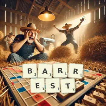 Kreative Illustration für ein Scrabble-Spiel, bei dem das Wort BARREST mit Steinen auf dem Brett gelegt wurde.