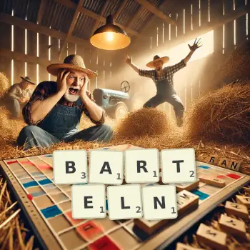 Kreative Illustration für ein Scrabble-Spiel, bei dem das Wort BARTELN mit Steinen auf dem Brett gelegt wurde.