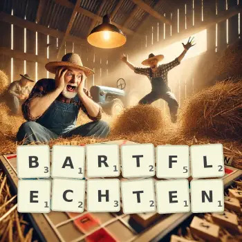 Kreative Illustration für ein Scrabble-Spiel, bei dem das Wort BARTFLECHTEN mit Steinen auf dem Brett gelegt wurde.