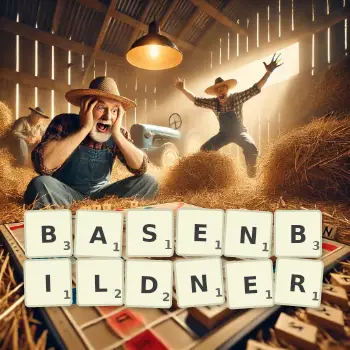 Kreative Illustration für ein Scrabble-Spiel, bei dem das Wort BASENBILDNER mit Steinen auf dem Brett gelegt wurde.