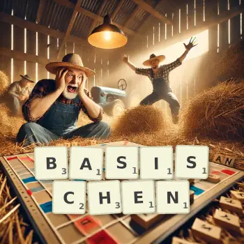 Kreative Illustration für ein Scrabble-Spiel, bei dem das Wort BASISCHEN mit Steinen auf dem Brett gelegt wurde.