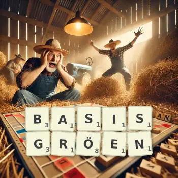 Kreative Illustration für ein Scrabble-Spiel, bei dem das Wort BASISGRÖEN mit Steinen auf dem Brett gelegt wurde.