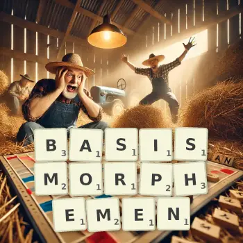 Kreative Illustration für ein Scrabble-Spiel, bei dem das Wort BASISMORPHEMEN mit Steinen auf dem Brett gelegt wurde.