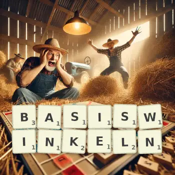 Kreative Illustration für ein Scrabble-Spiel, bei dem das Wort BASISWINKELN mit Steinen auf dem Brett gelegt wurde.