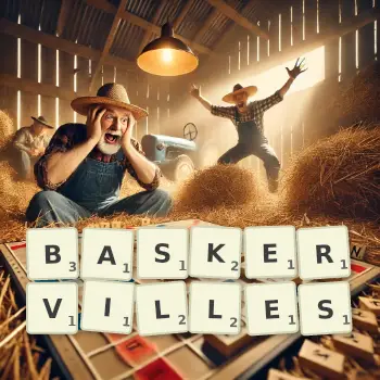 Kreative Illustration für ein Scrabble-Spiel, bei dem das Wort BASKERVILLES mit Steinen auf dem Brett gelegt wurde.