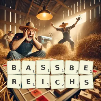 Kreative Illustration für ein Scrabble-Spiel, bei dem das Wort BASSBEREICHS mit Steinen auf dem Brett gelegt wurde.