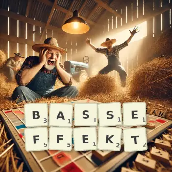 Kreative Illustration für ein Scrabble-Spiel, bei dem das Wort BASSEFFEKT mit Steinen auf dem Brett gelegt wurde.
