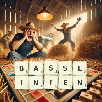 Kreative Illustration für ein Scrabble-Spiel, bei dem das Wort BASSLINIEN mit Steinen auf dem Brett gelegt wurde.