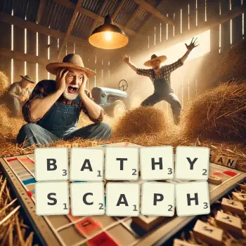 Kreative Illustration für ein Scrabble-Spiel, bei dem das Wort BATHYSCAPH mit Steinen auf dem Brett gelegt wurde.