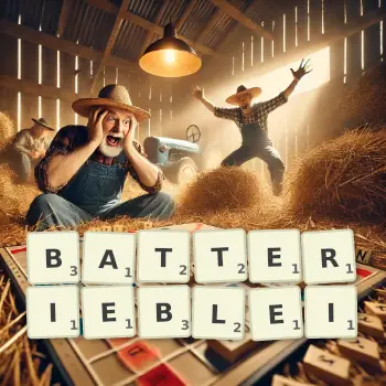 Kreative Illustration für ein Scrabble-Spiel, bei dem das Wort BATTERIEBLEI mit Steinen auf dem Brett gelegt wurde.