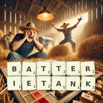 Kreative Illustration für ein Scrabble-Spiel, bei dem das Wort BATTERIETANK mit Steinen auf dem Brett gelegt wurde.