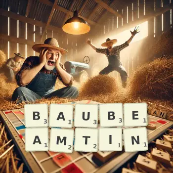 Kreative Illustration für ein Scrabble-Spiel, bei dem das Wort BAUBEAMTIN mit Steinen auf dem Brett gelegt wurde.