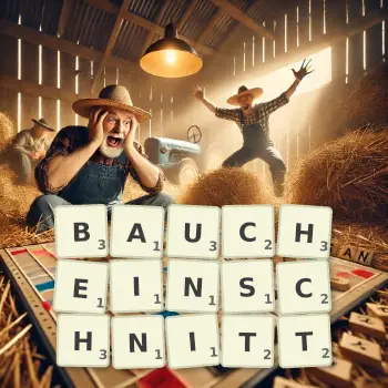 Kreative Illustration für ein Scrabble-Spiel, bei dem das Wort BAUCHEINSCHNITT mit Steinen auf dem Brett gelegt wurde.