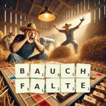 Kreative Illustration für ein Scrabble-Spiel, bei dem das Wort BAUCHFALTE mit Steinen auf dem Brett gelegt wurde.