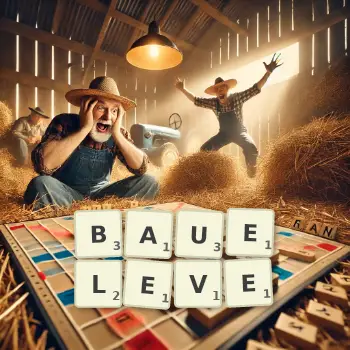 Kreative Illustration für ein Scrabble-Spiel, bei dem das Wort BAUELEVE mit Steinen auf dem Brett gelegt wurde.