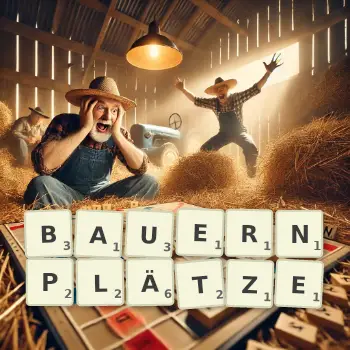 Kreative Illustration für ein Scrabble-Spiel, bei dem das Wort BAUERNPLÄTZE mit Steinen auf dem Brett gelegt wurde.