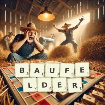 Kreative Illustration für ein Scrabble-Spiel, bei dem das Wort BAUFELDER mit Steinen auf dem Brett gelegt wurde.